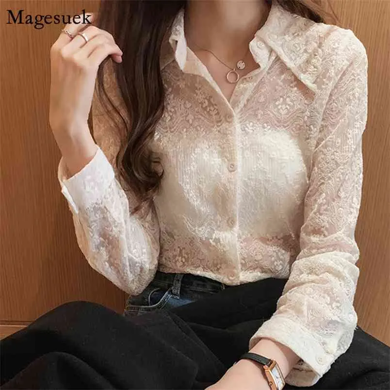 Turn-down Collar White Blouse Women Spring Crochet Lace Floral Fashion Female Shirts Button Solid Ladies Blouses Tops 13125 210512