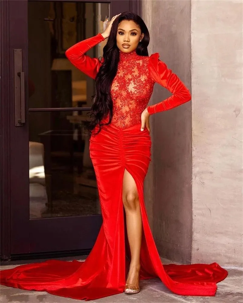 Сексуальные платья для выпускного вечера Red Veet с разрезом спереди и длинными рукавами с высоким воротом и скользящим шлейфом Вечерние платья для арабских женщин Robe De Soiree 2022 322