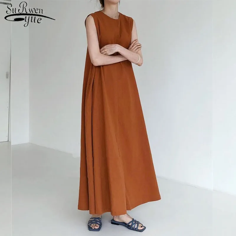 Sommer Mode Solide Kleid Korea Chic Lose Plus Größe Frauen Baumwolle Ärmellose Casual Lange Vestido 13892 210417