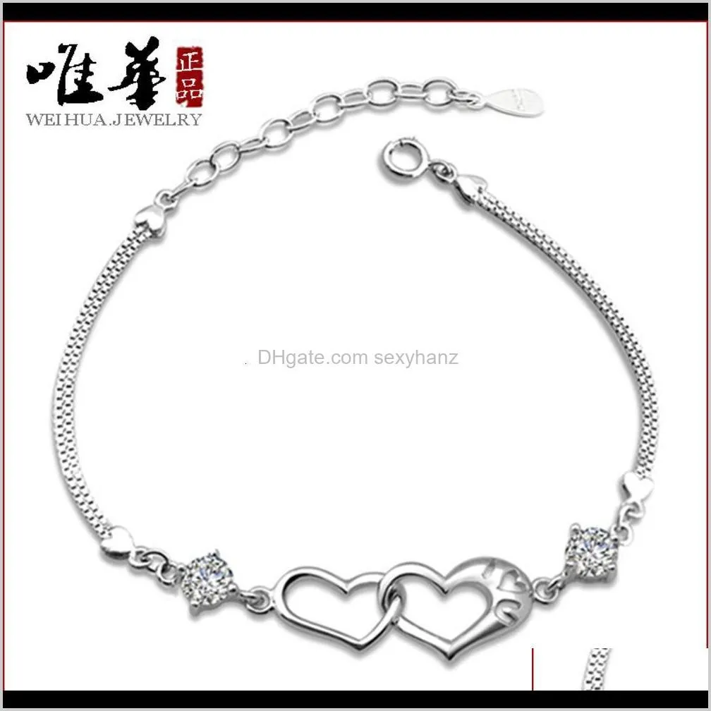 weihua korean women`s happiness signal double heart silver plated bracelet fashion jewelry