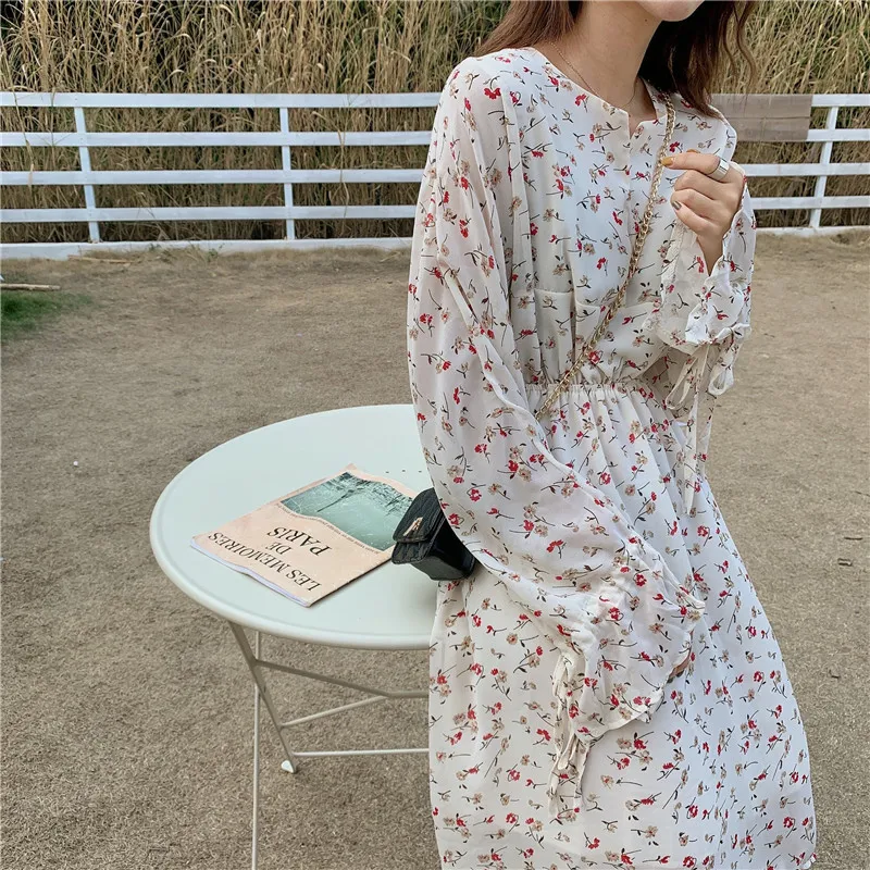 Women Chiffon Dress Spring Summer Fashion Female Long Sleeve Vintage Print Floral Irregular Casual Boho A-line Loose 210423