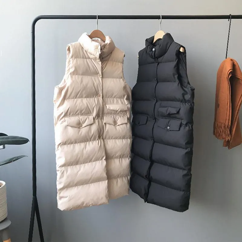 Gilets pour femmes 2021 Long manteau d'hiver gilet sans manches chaud vers le bas avec poches veste matelassée gilet d'extérieur