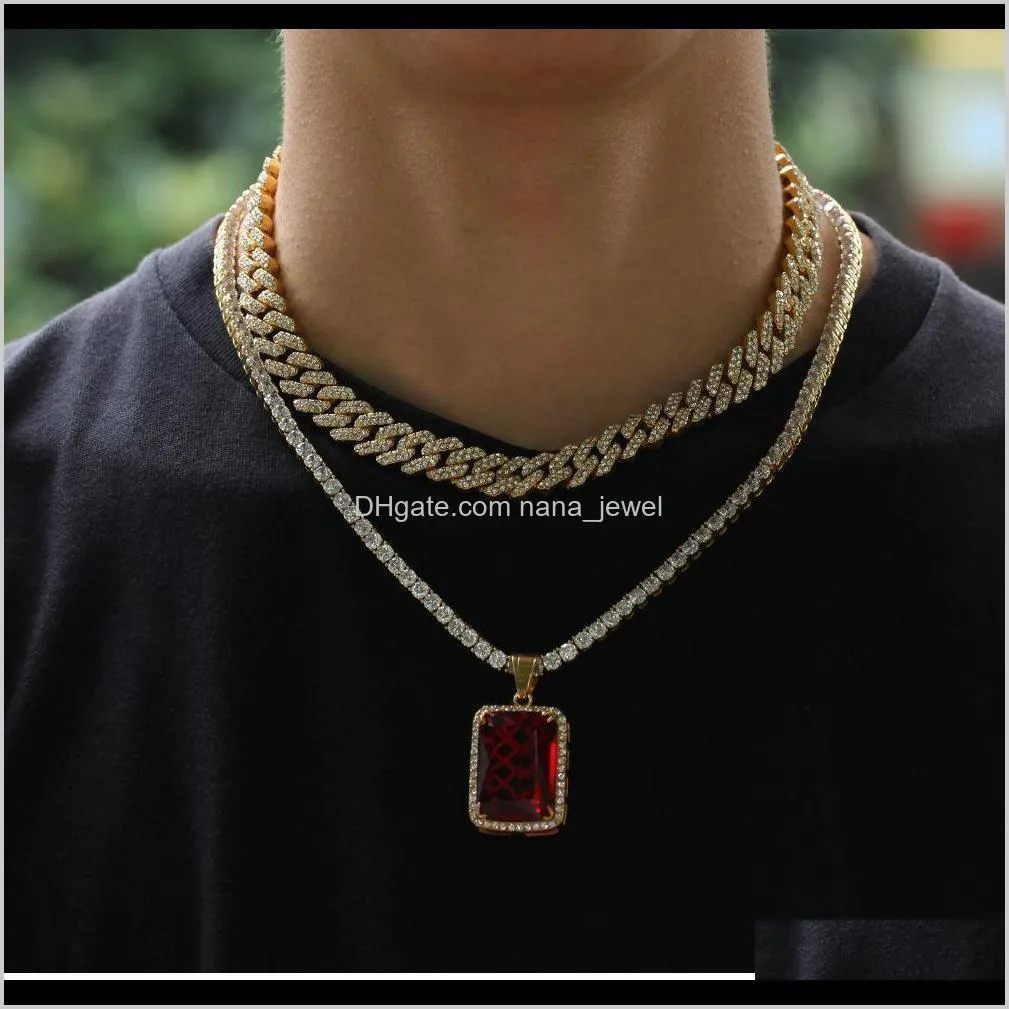 12mm  cuban link chain necklace bracelets set for mens bling hip hop iced out diamond gold silver rapper chains women luxury