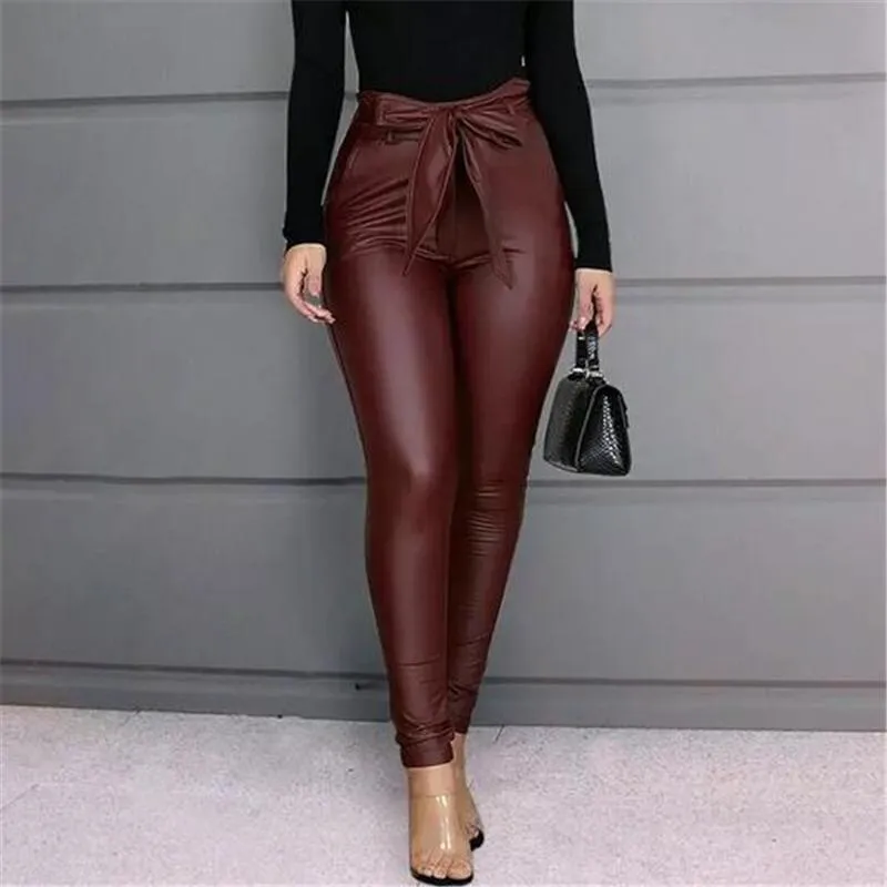 Womens Pants Capris Leggings PU Leather High Waisted Stretchy