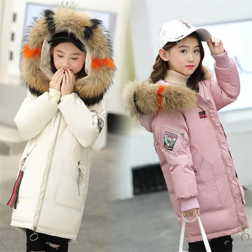 韓国版冬の子供たちのダウンジャケットガールビッグ厚いフード付きミディアム長さ211027