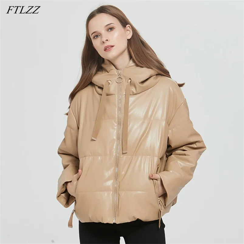 Winter Dames Faux Lederen Gewaagd Hooded Jas Dikke Warme PU Zipper Jas Losse Oversized Parkas Casual Windschuur Uitkleding 210430