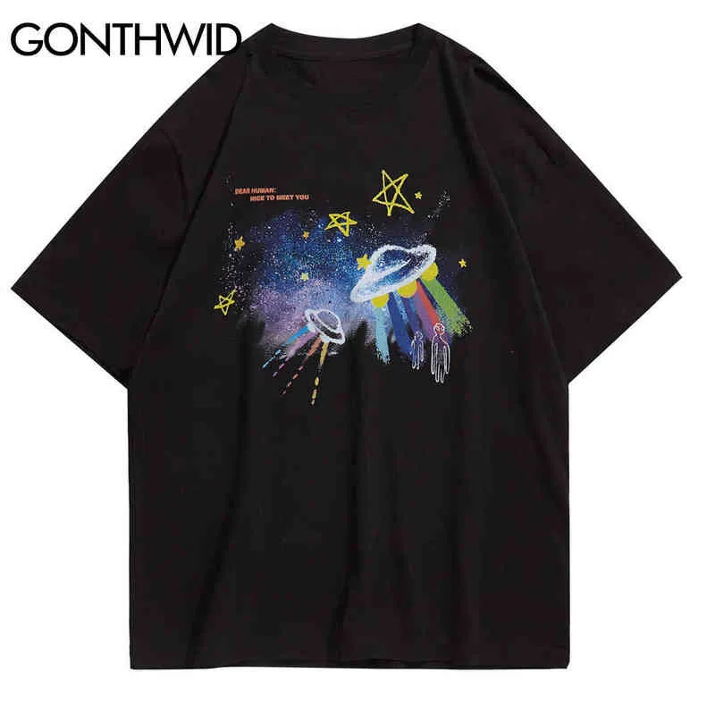 Gonthwidヒップホップストリートウェアティーシャツ落書きUFOエイリアンギャラクシープリント半袖Tシャツ2020男性原宿カジュアルコットントップG1229