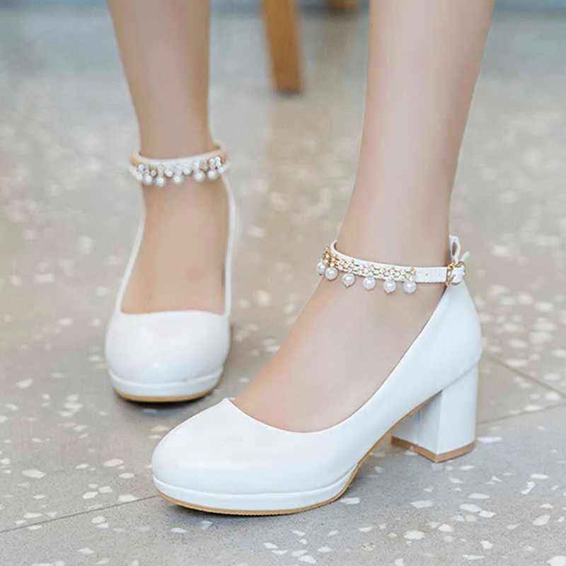 Witte Vrouwen Bruiloft Crystal Preal enkel Strap Bruids Vrouw Jurk Sey Pumps Sweet Party Schoenen 6933 220309