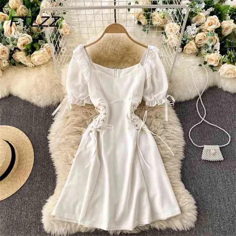 Femmes pansement Mini Robe été Vintage col carré manches bouffantes robes blanches dames élégant français Robe courte Vestidos 210525