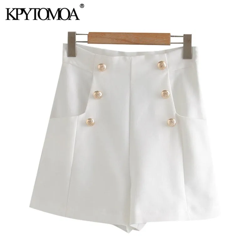 Kpytomoa Dames Chique Mode Met Knoppen Zakken Bermuda Shorts Vintage Hoge Taille Side Rits Vrouwelijke Korte Ropa Mujer