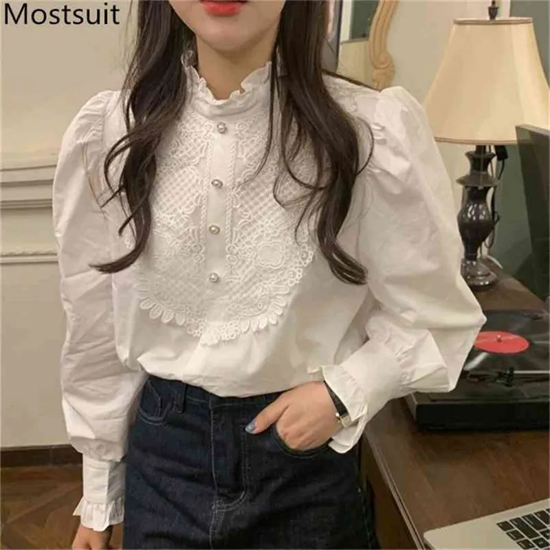 Womens White Cotton Blouses: Elegant Stand Collar Blouse With Lace