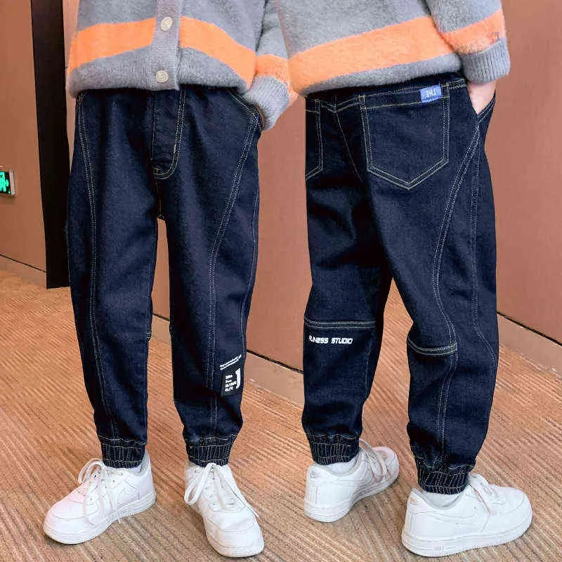 Boys Jeans 2021 Spring Autumn Big Children Korean Trousers Sporting Jogger Casual Pant Elastic Waist Pants Clothes 12 14 Years G1220