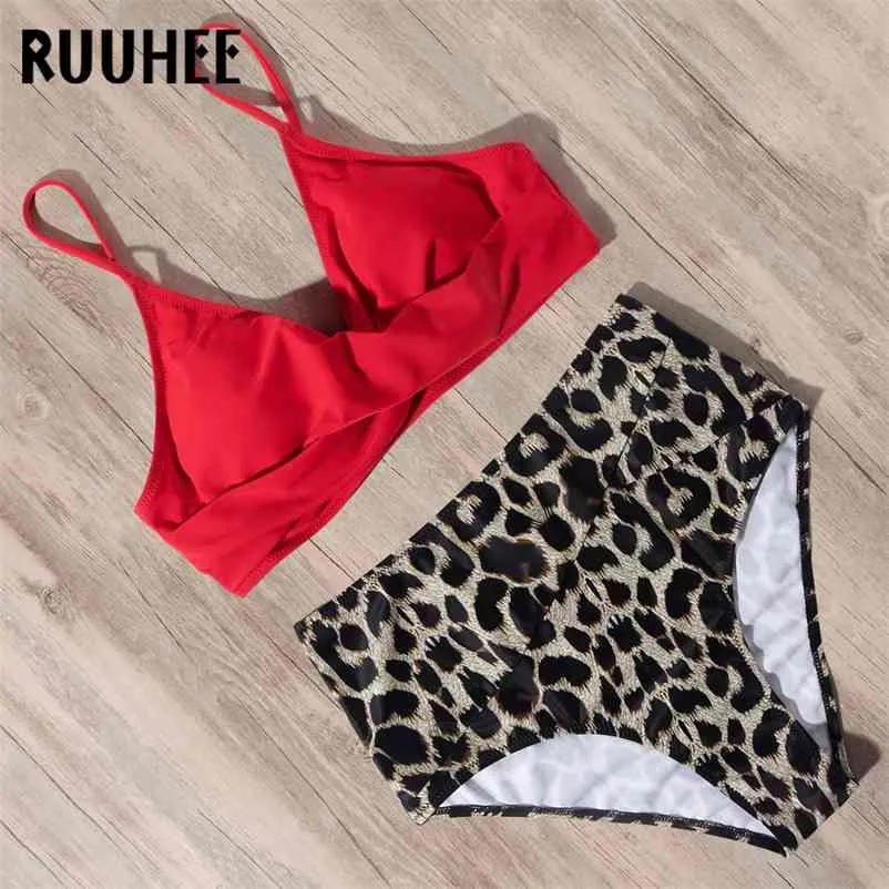 Ruuhee Leopard Swimwear Bikini Kobiety Wysoka Talia Kostium Kąpielowy Swimsuit Kobieta z Pad Push Up 210621