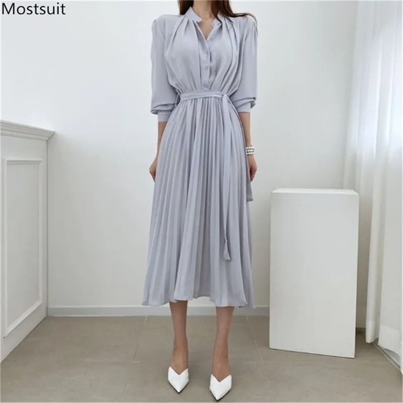 Spring Women Dress Fashion Long Sleeve Lace Up Buttons Pleated es Korean Stand Collar Party Vestido Mujer 210513