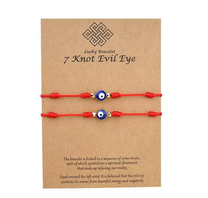 7 noeuds bleu mauvais œil Bracelet réglable porte-bonheur rouge chaîne Bracelets Couple bijoux amitié Bracelets avec carte papier cadeau 2 pièces/ensemble