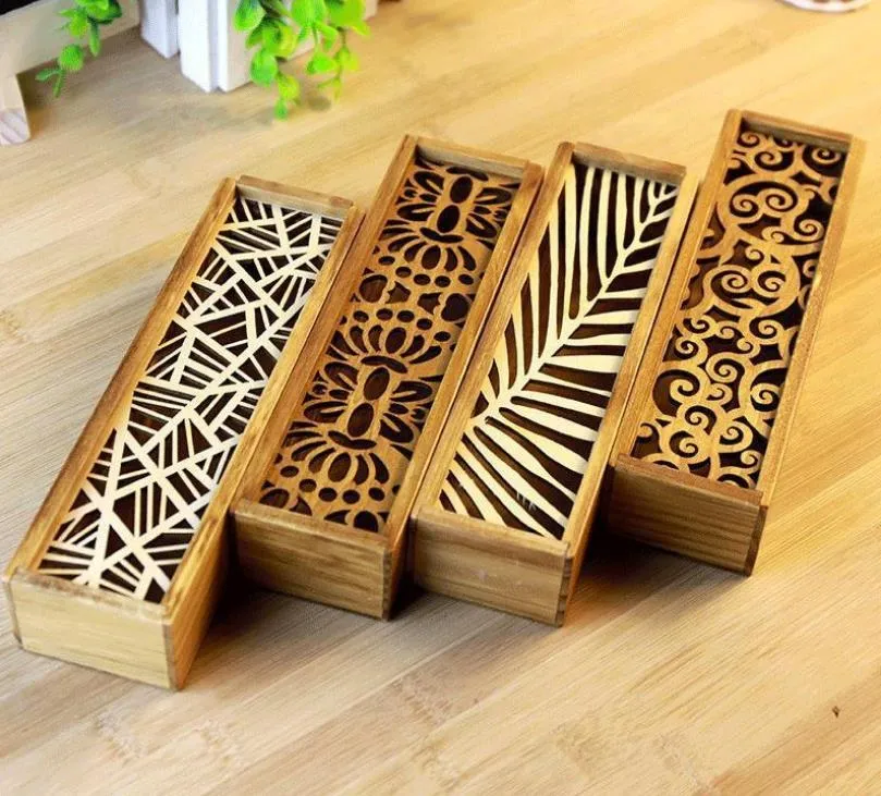 100PCS Vintage Style Convenient Hollow Wood Pencil Case Jewelry Storage Box Wooden Organizer Drawer Pen Holder School Gift