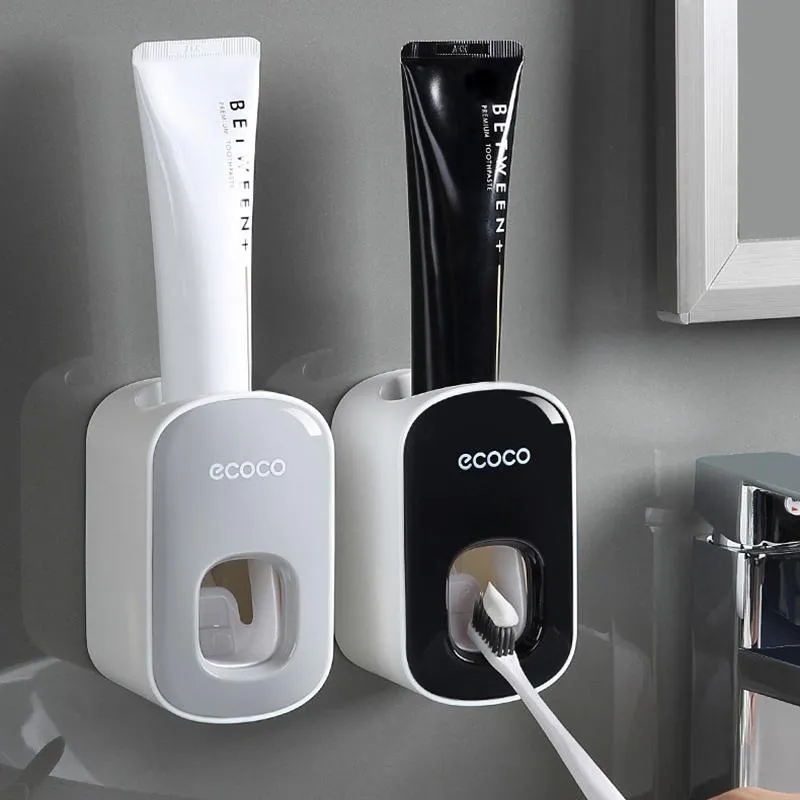 Set di accessori per il bagno Ecoco Dispenser automatico di dentifricio Spremiagrumi Portaspazzolino Supporto per montaggio a parete Accessori per il bagno