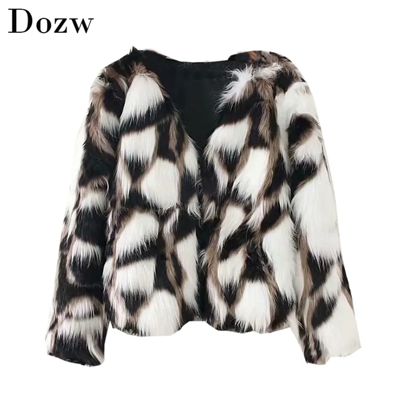 Faux Fur Coat Jacket Winter Warm Women Outwear Soft Stylish Elegant Ladies Contrast Color V Neck Full Length Female 210515