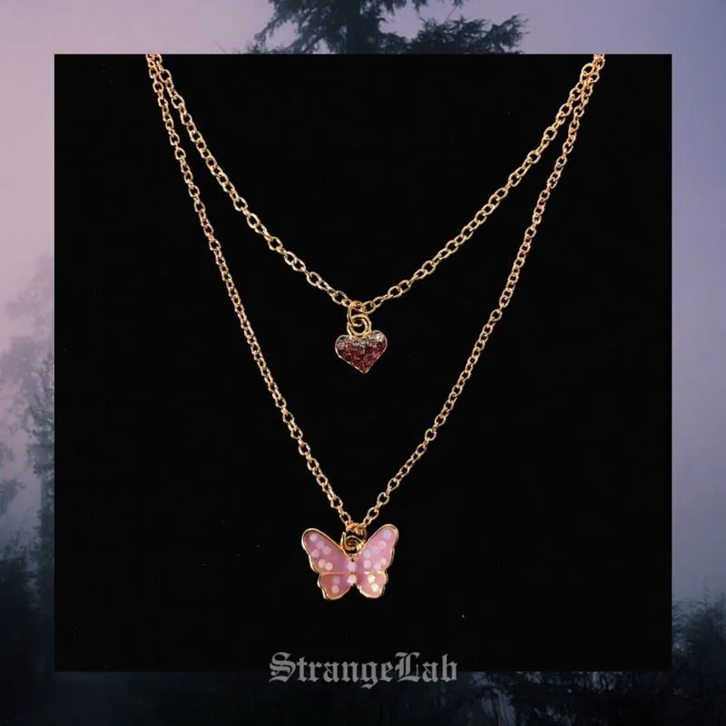 Подвесные ожерелья Bling Butterfly Heart 2 Liedered Collece step Эстетическая милая Harajuku Y2K Sweet Girl Drop