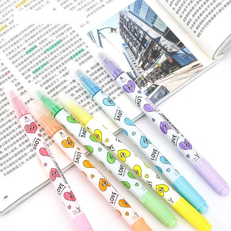 6pcs Light Color Dot Highlighter Pen Set Dual Side Fine Liner
