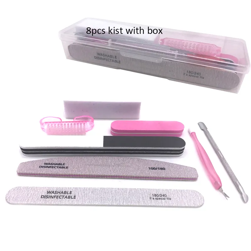 8 Pcs/Set Nail tools kits with nails File Buffer UV Gel Polish remover and dust Brush Cuticle Pusher Manicure supplies PLASTIC Box NAK004