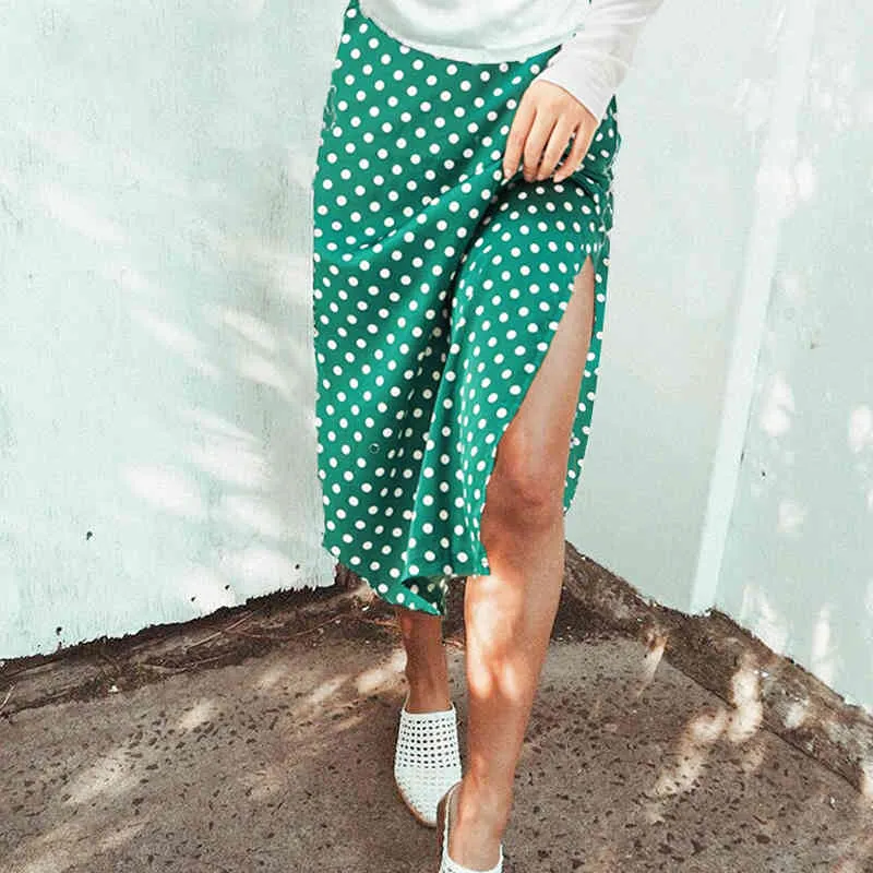 Polka Dot Print Satin Women Midi Skirt High Waist Casual Long