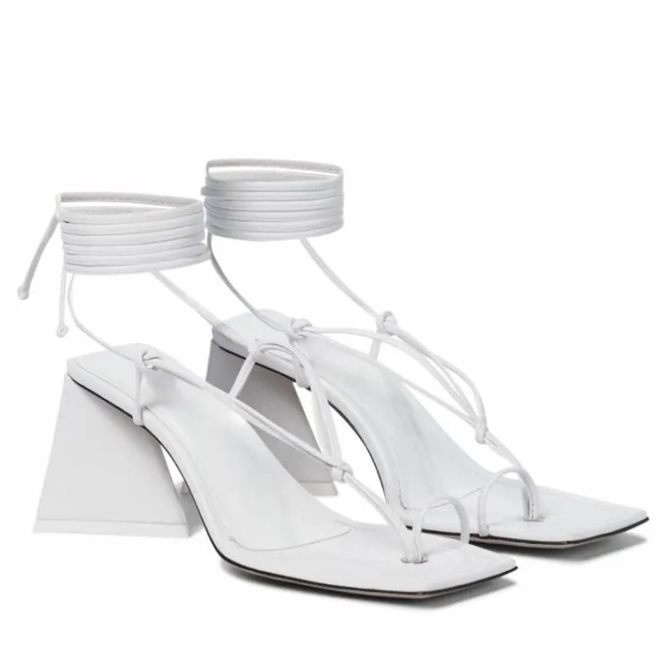 Chunky High 2024 Ladies Satin Leather Heel Sandals Solid Cross-tied Lace Up Peep-toe Square Toe Head Wedding Party Shoes Size 34-43 White 49