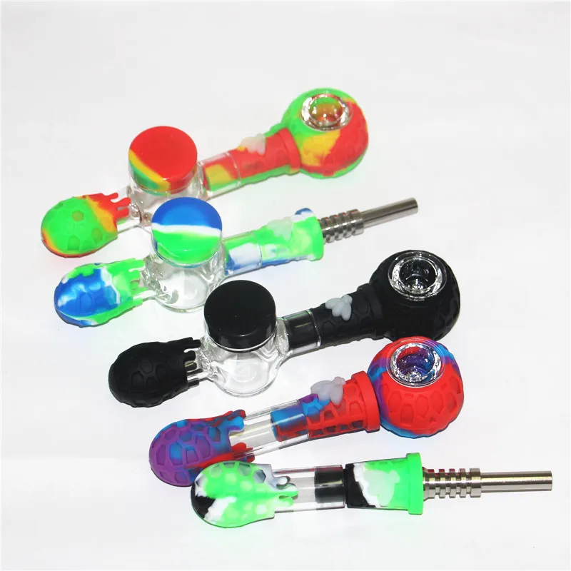 kit di nettare in silicone per fumatori con punta in titanio da 14 mm con punta in titanio Dab Oil Rigs Silcone Bong tubo di vetro