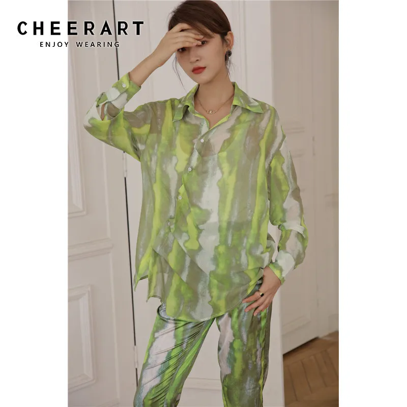 Tie Dye Green Long Sleeve Blouse Women See Through Top Button Up Collar Shirt Fall Fashion Designer Clothes 210427