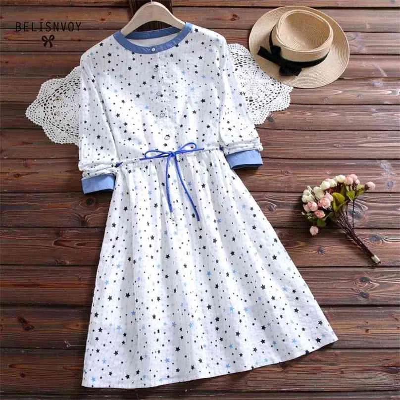 Sterne Gedruckt Baumwolle Kleid Japan Stil Mori Mädchen Frauen Oansatz Langarm Weiße Kleider Frühling Herbst Weibliche Kawaii Vestidos 210520