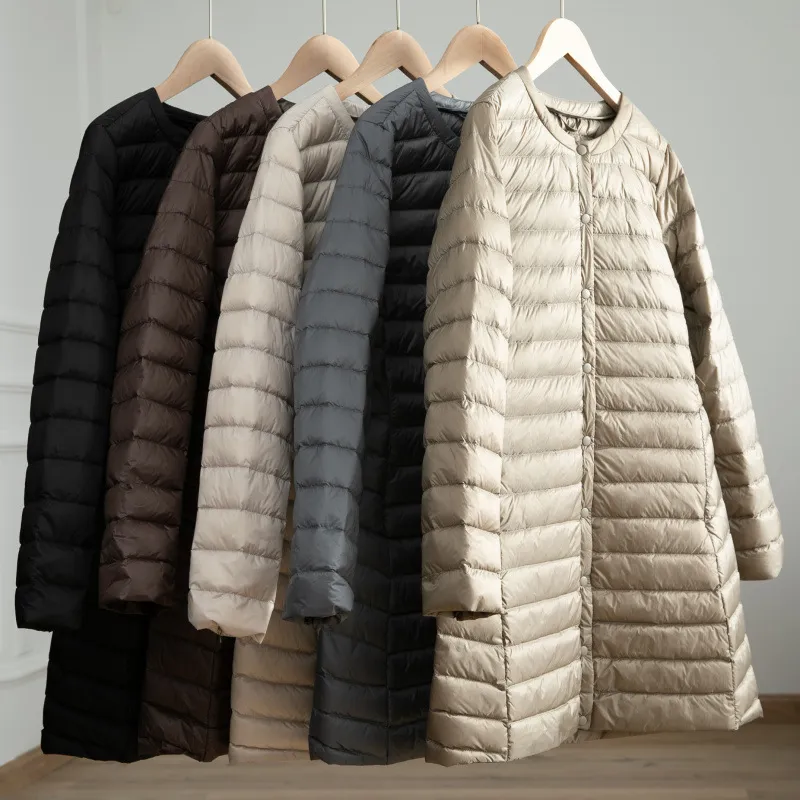 Leichte Daunenjacke für Damen, Herbst und Winter, lang, große Größe, Rundhalsausschnitt, Druckknopf-Ärmel, warmer Mantel, weiche Oberbekleidung