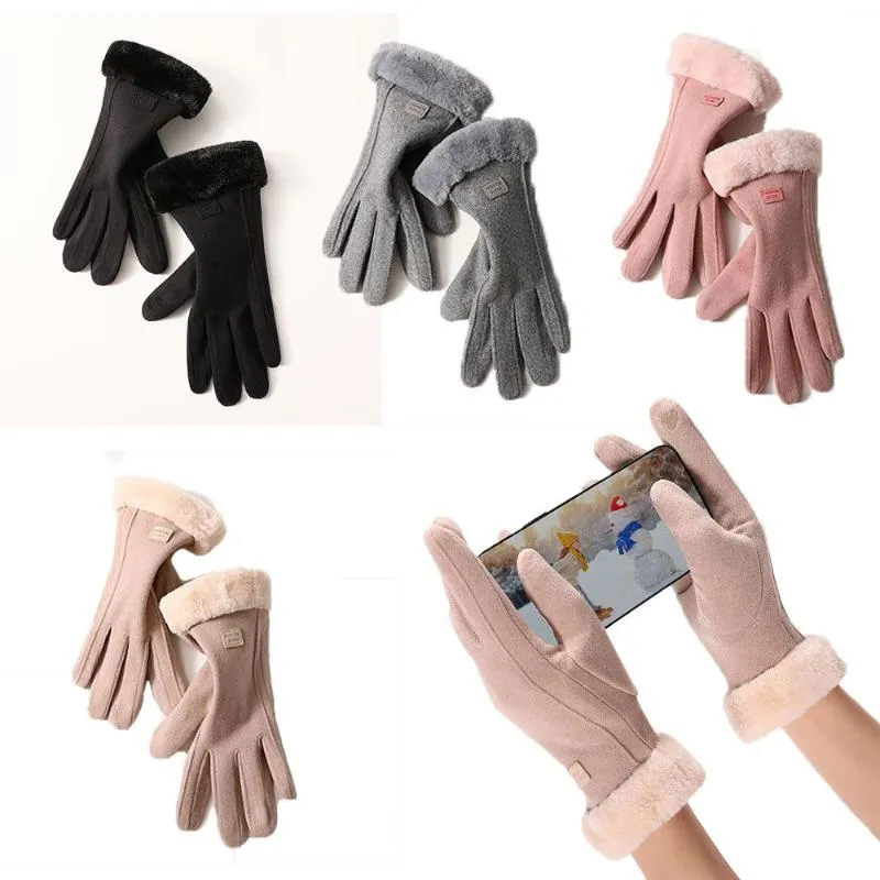 Fem fingrar handskar förtjockad varm plush pekskärm skidmittens full finger ridding kvinnor