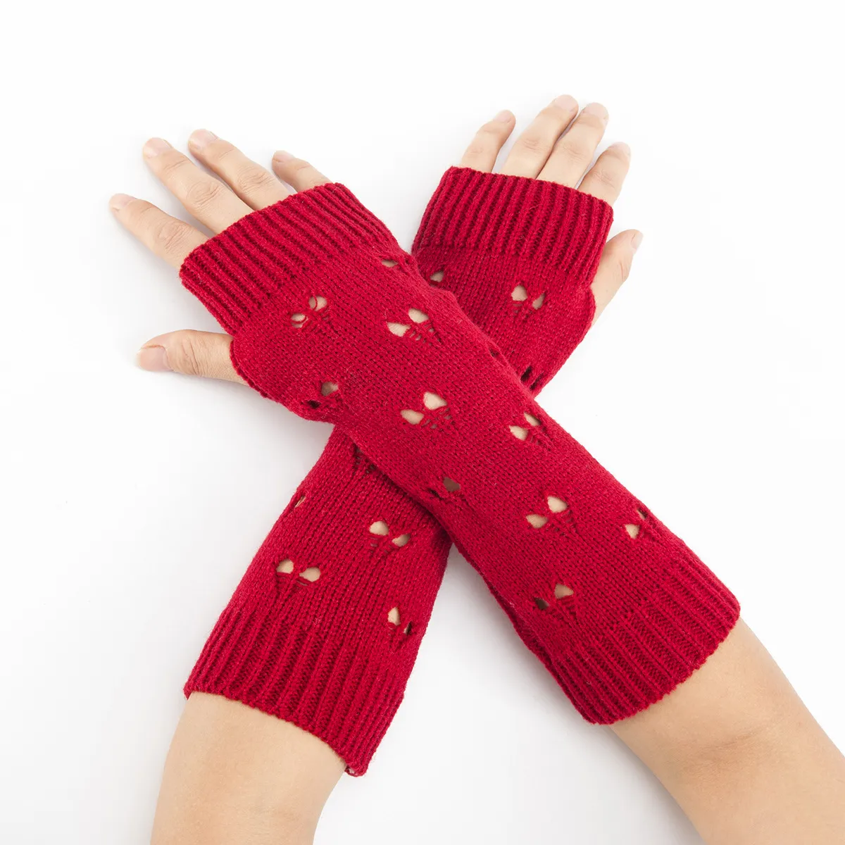 Winter Women Gloves Grils Wrist Arm Crochet Knitting Hollow Heart Mitten Warm Fingerless Outdoor Cycling