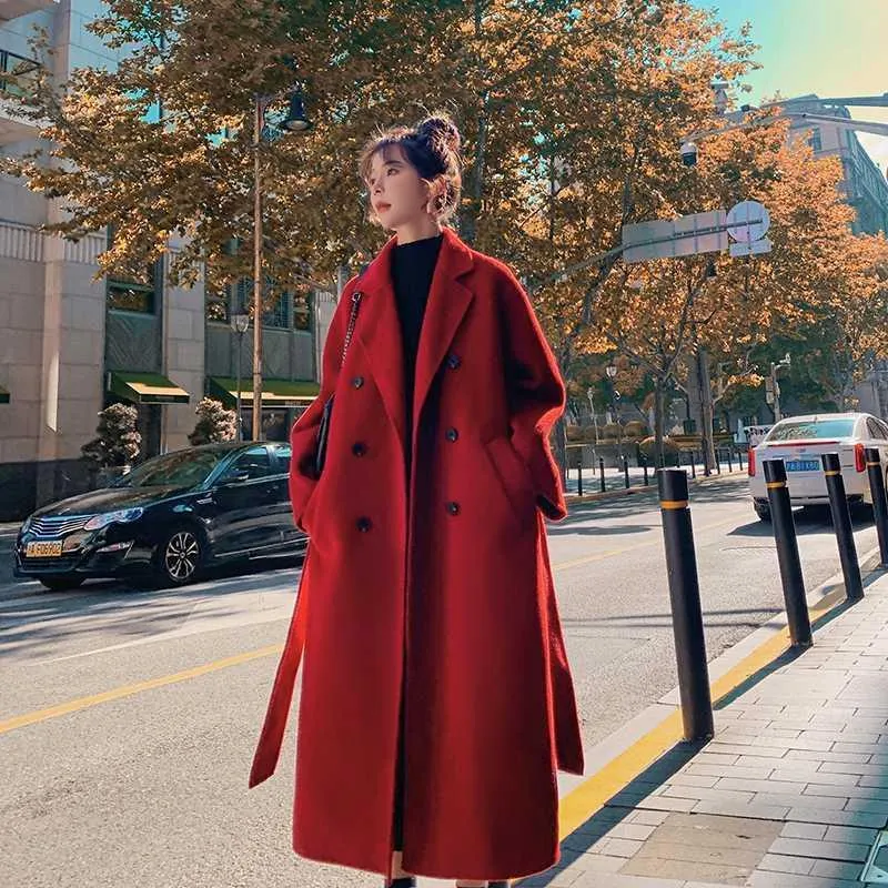 Women's Wool & Blends Fashion Solid Color Long Coat Jacket Belt Woolen Overcoat Split Hem Cardigan Outerwear Korean Women Autumn Winter Loos