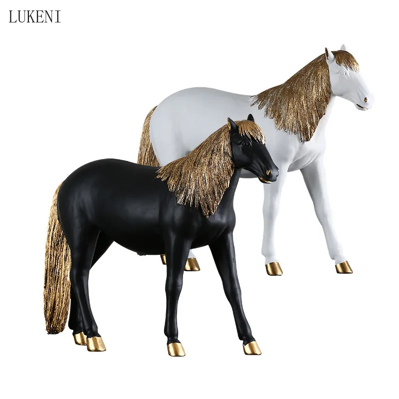 Estilo Chinês Preto Dourado Animal Resina Creative Horse Simples Decoração 210414