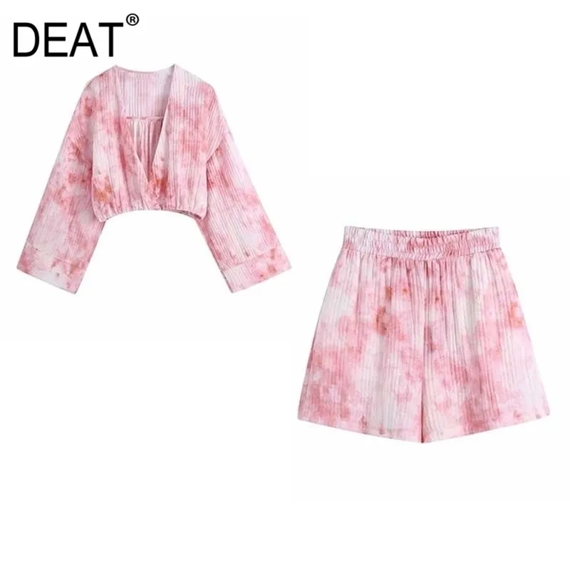 [DEAT] Summer Fashion Printing Tie Dye Long Sleeve V-neck Tops Casual Shorts Women Two-piece Suit 13C936 210527