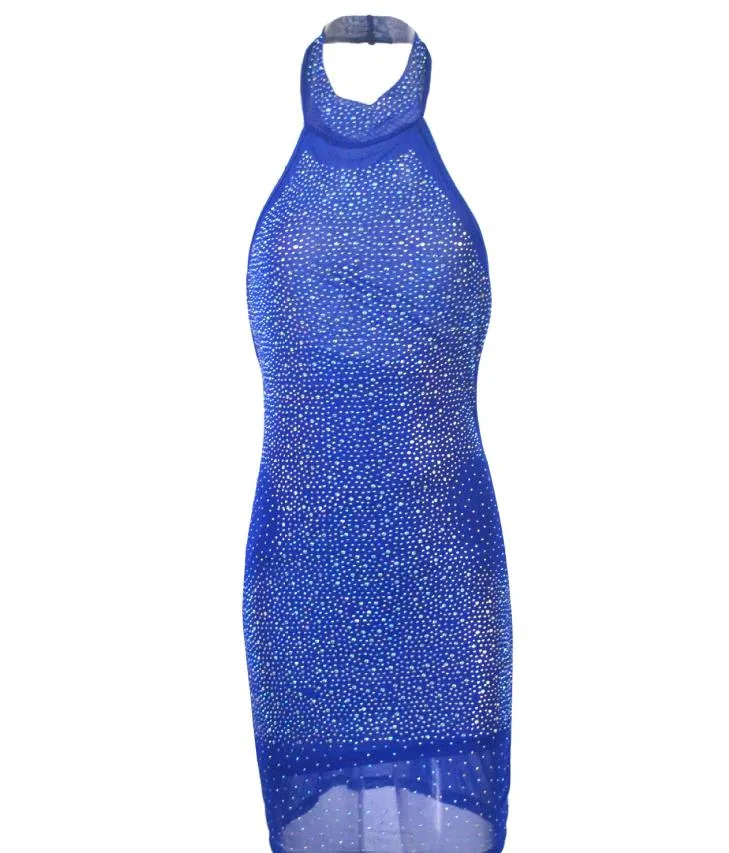 Damska Night Club Sukienka Sexy Halter Rhinestone Bodycon Mini Party Dresses S-3XL Blue Blue White Red