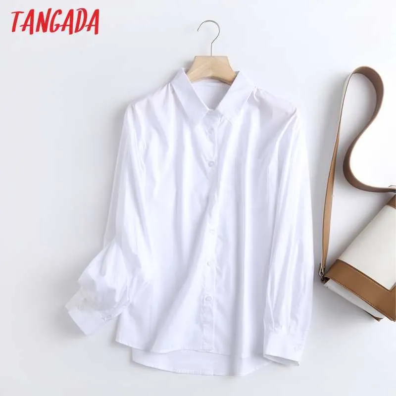 Tangada Women Basic Oversized White Shirts Long Sleeve Solid Turn Down Collar Elegant Office Ladies Work Wear Blouses BC24 210609