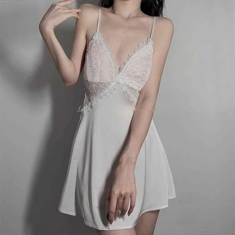 Womengaga V Neck Sexig Koreansk Kvinnor Lace Mesh Transparent Silk Tunn Backless Tank Mini Dress Bandage Klänningar Svart GX8 210603
