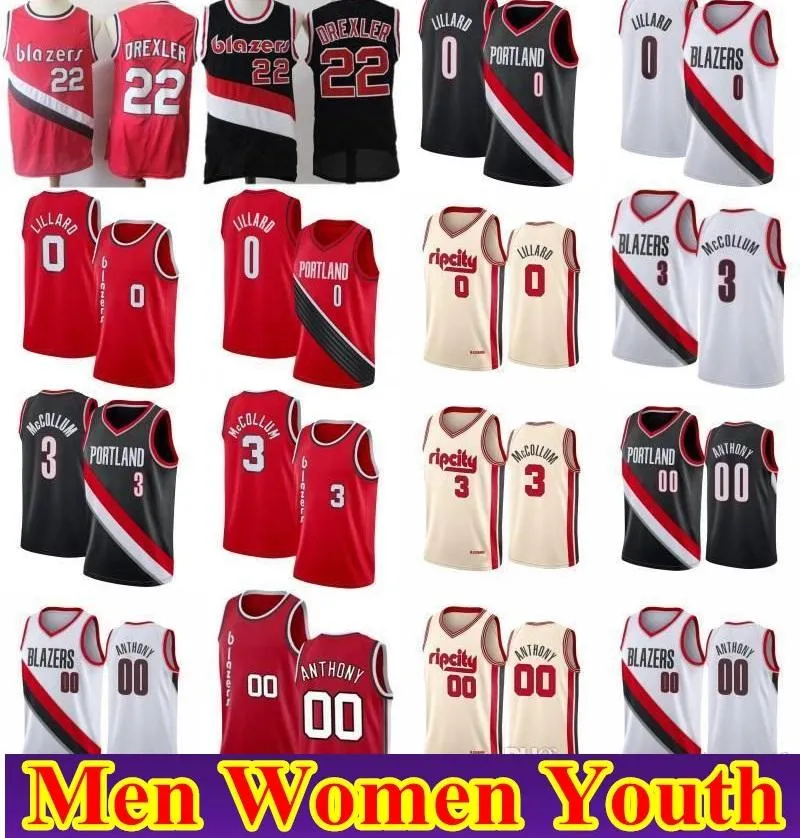 Mens dames jeugd Damian 0 Lillard CJ 3 McCollum basketbal jersey Retro Clyde 22 Drexler Red White Black Gray
