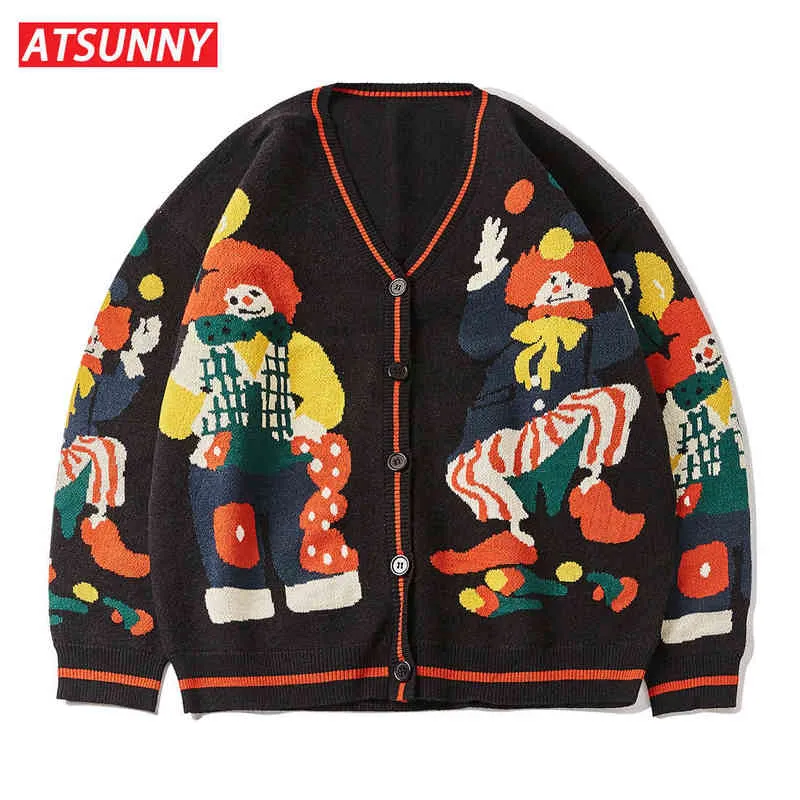 ATSUNNY Ricamo Pagliaccio Magico Maglione Harajuku Maglione lavorato a maglia stile retrò Cardigan autunnale Top 211221