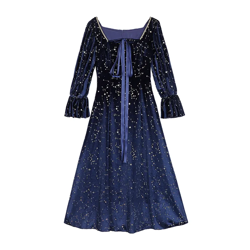 Donna Vintage Blu Navy Colletto Quadrato Fiocco Manica Lunga Velluto Stampa A-line Midi Sera Paty Drees D2191 210514