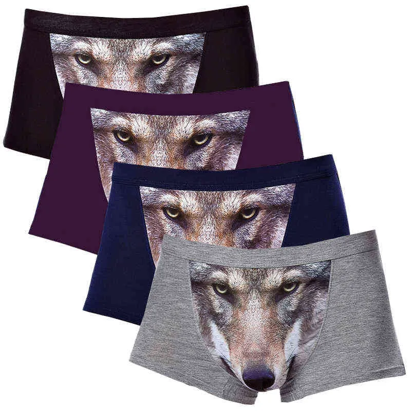 4 pçs / lote Menina dos homens Grandes Desenhos Animados Anime Homens Underwer Boxer Wolf 3Dimagem Engraçado Shorts Calções Homem Bolsa Pugilistas Masculino 4xL H1214