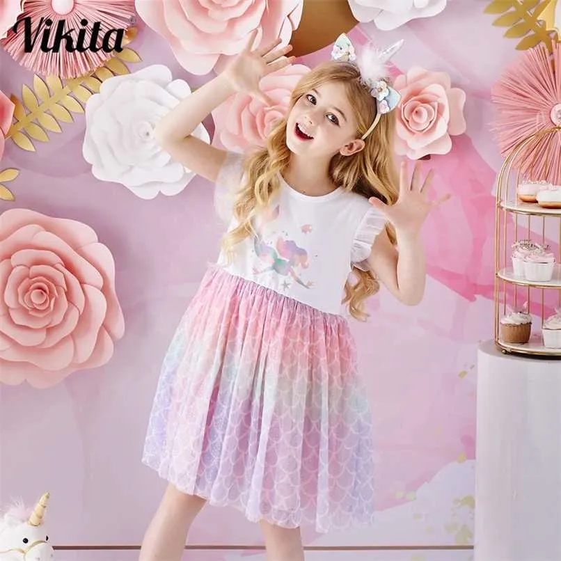 VIKITA filles robe d'été enfants fête bal princesse robes enfants licorne sirène dessin animé vêtements filles robes décontractées 211027