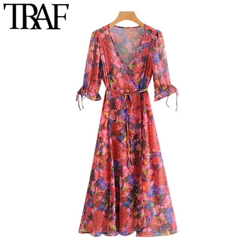 Kvinnor Chic Fashion Floral Print Wrap Chiffon Midi Dress Vintage V Neck med bälte och foder kvinnlig Veintidos 210507