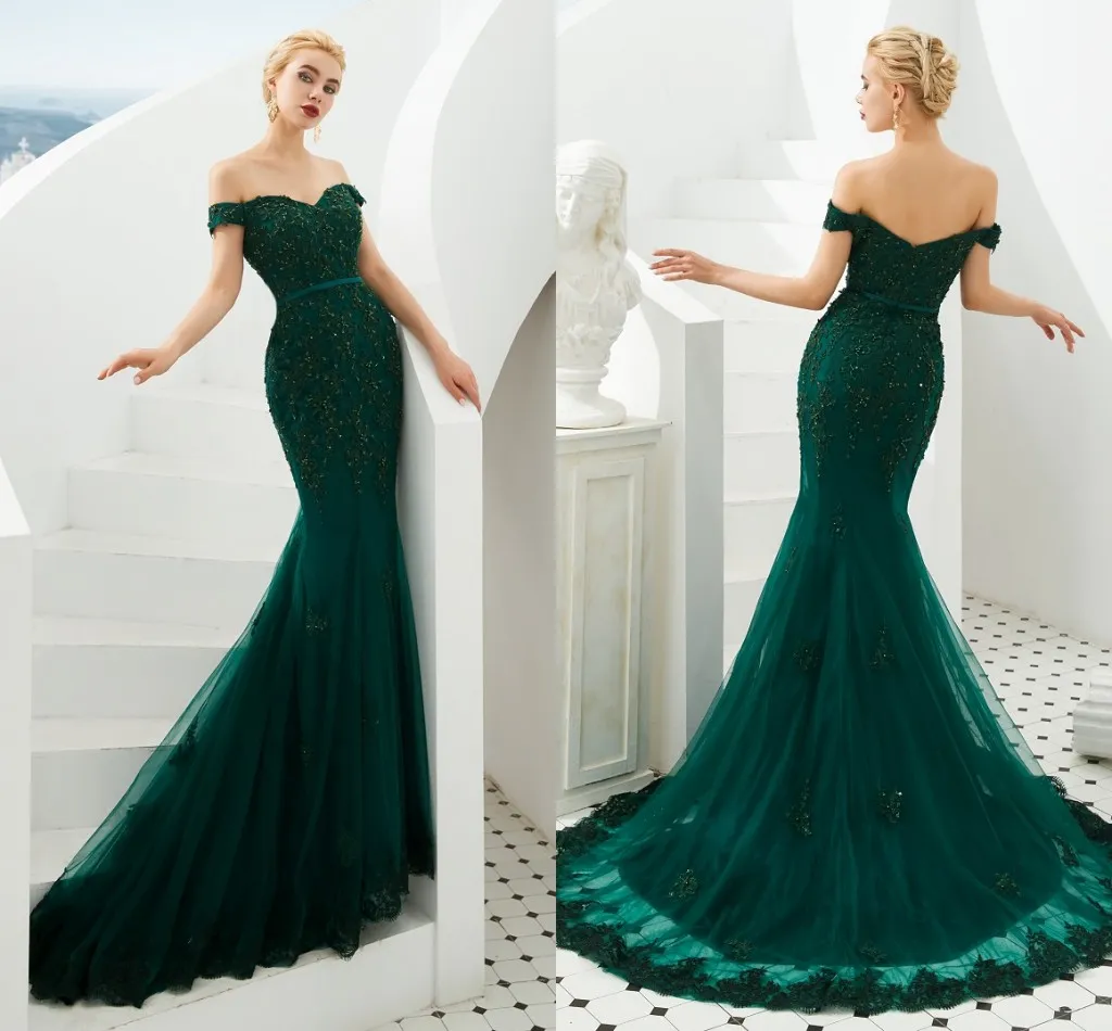 Elegant Dark green Mermaid Prom Dresses Off Shoulder Lace robe de bal longue Train Sexy