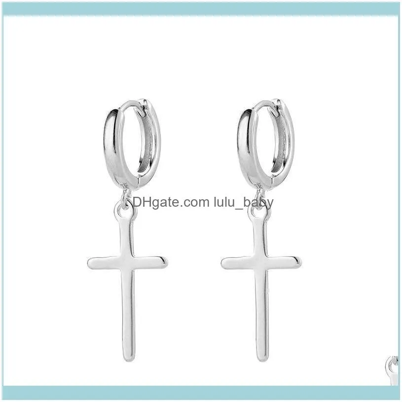 Fengxiaoling 100% 925 Sterling Silver Cross Drop Earrings For Women Minimalism Smooth Earring Fashion Fine Jewelry 2021 Dangle &