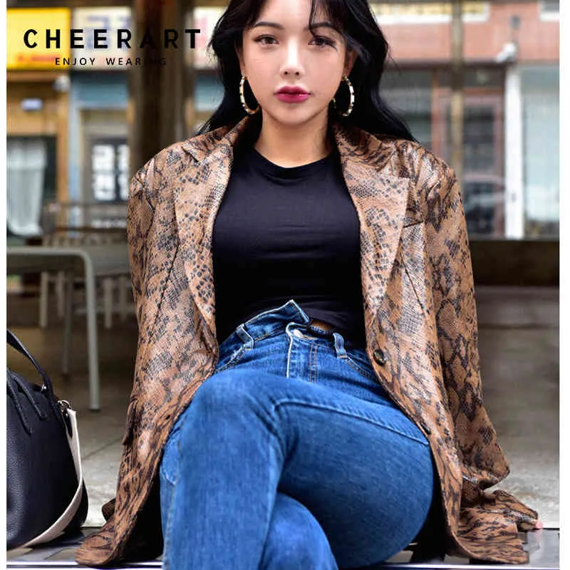 Snake Print Läder Blazers Kvinnor Jacka och rockar Grön Brun Ladies Koreansk Skin Blazer Femme 210427