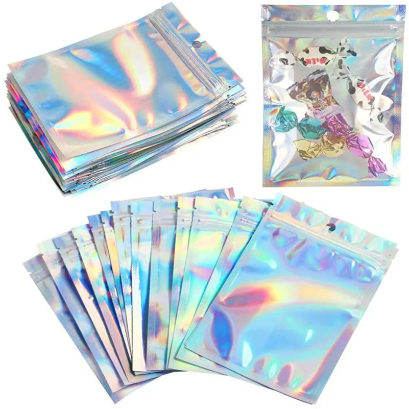Plastic Zipper Bag Laser Holographic Aluminum Foil Pouch Bags Smell Proof Reclosable Pouches for Food Snack