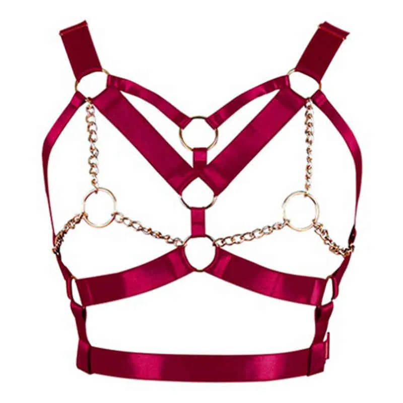 Wino Czerwona uprząż Biustonosze Bra Top Punk Gothic Łańcuch Złoty Seksowne Bielizna Paski Strappy Klatki Klatki Klatkowej Kobiety Body Bondage Plus Size Hollow Out